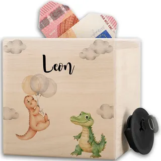 Dinosaurier - Spardose Dino und Krokodil I Kinder Sparbüchse mit Name I Mädchen Sparbüchse Holz Jungen Taschengeld Geschenkidee Kind - 10x10cm - Holz - spardose+Kinder personalisierte