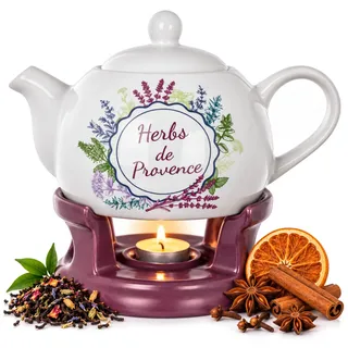KADAX Teekanne 1L mit Stövchen Set, Kaffeekanne aus Porzellan mit Deckel, Griff und Teestövchen, Kanne mit Teelicht Wärmer für Tee, Teeservice (Violett/Weiß)