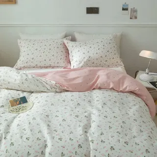 Pink Floral Duvet Cover Full Size Cotton Garden Floral Bedding Sets Kids Girls Pink White Floral Comforter Cover Aesthetic Botanical Duvet Cover Vintage Flower Print Full Duvet Cover with Zipper Ties
