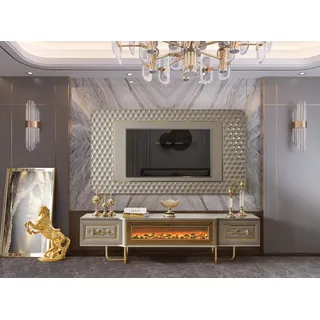 JVmoebel Sideboard Wohnwand in Weiß und Gold mit Kamin und TV-Ständer, Made in Europa weiß
