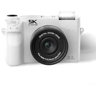 Besshepplo 5K Ultra HD Digitalkamera, 75 MP CMOS-Sensor, Dual-Front- und Rücklinse, 18-facher Digitalzoom, 9 Modi, automatischer und manueller Fokus, Blitz, WLAN-Konnektivität, Webcam-Funktion (Weiß