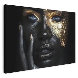 MuchoWow© Bilder Groß XXL Wohnzimmer Deko Modern Wandbild Foto auf Leinwand | 120x80 cm - Bild Schlafzimmer über Bett Room Decor Geschenke Frau - Gold - Porträt - Schwarz-Weiß - Luxus