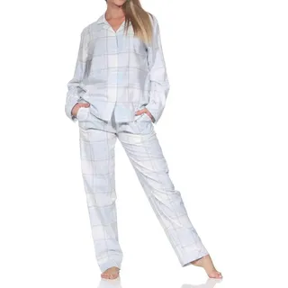 Normann Pyjama Normann Damen Flanell Schlafanzug lang mit Knopfleiste und Hemdkragen blau 44-46