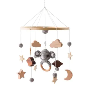 Babybett Mobile Baby Windspiel, Wolken und Kleiner Hase Hängende, Holz Mobile Baby Kinderzimmer Hängende Bettglocke, Geschenk für Baby Mädchen oder Jungen, Rassel Spielzeug (C)