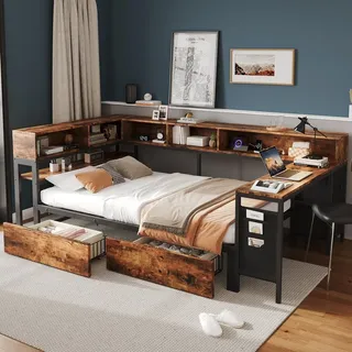 Merax Metallbett Tagesbett 120x200cm mit 2 Schubladen, Kinderbett mit Ablagefächern, Ladeanschluss und Seitentisch, Einzelbett mit Stofftasche,Sch... - Schwarz