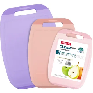NEOFLAM® Schneidebrett Kunststoff groß, mittel, klein – Schneidebretter spülmaschinenfest, Schneidebrett Set 3tlg BPA-frei mit Griff & Saftrille, antibakteriell mit Microban, lila/pink/rosa