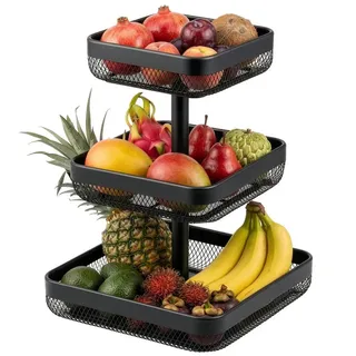 eluno Obstschale eckig 3-stöckig, 20 cm, 25 cm und 30 cm, Metall, Metall schwarz