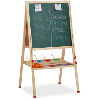 Relaxdays Standtafel Kinder, höhenverstellbar & magnetisch, Holz, Whiteboard & Kreidetafel, 122-160 x 65 x 69 cm, Natur