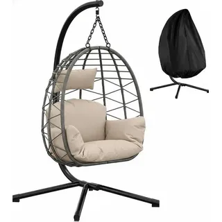 GarveeMore Hängesessel mit Gestell für Outdoor & Indoor,Polster & Schutzabdeckung, Rattan Hängestuhl mit Stahlgestell,bis 150 kg belastbar beige