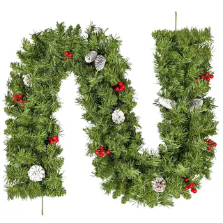 himaly 180 cm/6 ft Weihnachtsgirlande mit 8 Weiß Tannenzapfen, 8 Roten Beeren, Künstliche Grün Girlanden aus PVC, Weihnachtliche Rattan Hängetreppe Fenster Kamin Wand Haustür Weihnachtsdekoration