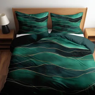 Seersucker Bettwäsche, 100% Mikrofaser Dunkelgrün und Smaragdgrün Wellen Bettbezug aus Atmungsaktive, Angenehme, Sommer Bettwäsche-Set mit Kissenbezug Bettbezug mit Reißverschlus 180 x 200 cm