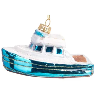 BRUBAKER Christbaumschmuck Mundgeblasene Weihnachtskugel Motorboot, Weihnachtsanhänger aus Glas, handbemalt blau