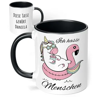 True Statements Tasse "Ich hasse Menschen"- personalisiert mit Wunsch-Namen - originelles Geschenk, Einhorn - innen schwarz