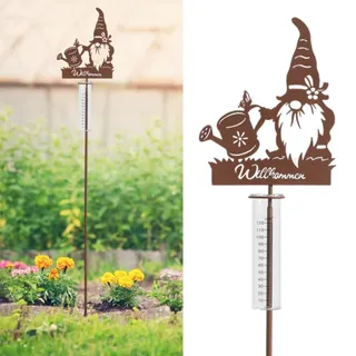 JUJOYBD Regenmesser für Garten Dekorativer Niederschlagsmesser mit Erdspieß 100cm Hoch, Regenwassermesser Glas auf Gartenstecker, Willkommensschild & Zwerg Motiv