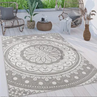 Paco Home Outdoor Teppich wetterfest & robust Mandala Boho Design pflegeleicht flachgewebt Marokkanisch Grau, 120x160 cm,
