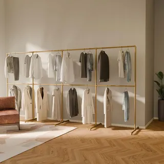 pamo freistehender Kleiderständer Gold – 388 x 194 cm – Industrial Design | Traglast 140 kg, Freistehend Garderobenständer, Pulverbeschichtet, Kratz- & Stoßfest, Einfache Montage