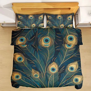 Sshjfeu Pfau Feder Bettwäsche-Sets 180x200, Pfau Feder Tierwelt Bettwäsche Weich Mikrofase Kuscheligr, Orientalisch Dschungeltier Bettbezug 3 Teilig mit Reißverschluss und 2 Kissenbezug 80x80cm