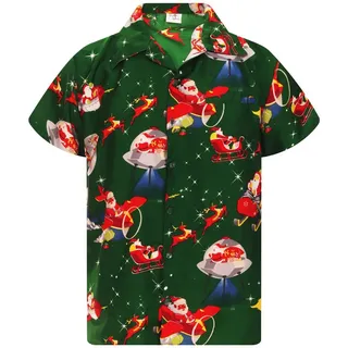 King Kameha Hawaiihemd "Christmas Space Santa" Funky Hawaii-Hemd Kurzarm Front-Tasche Unisex grün S