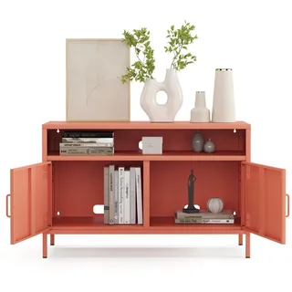 furni24 Metall TV-Schrank – Retro TV Lowboard – Möbel mit Türen und verstellbaren Ablagen – Robuste und stilvolle Aufbewahrungslösung für das Wohnzimmer- mit 4 Regalen, Lachsfarben