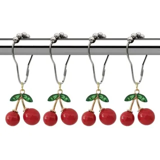 Duschvorhanghaken Mit Kirschblütenmuster Und Roten Harzanhängern, 12er-set Rostfreier Edelstahlringe, Fruchtmotiv Zur Badezimmerdekoration