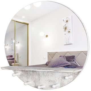 JJUUYOU Runder Wandspiegel, 50,8 cm, runder Spiegel für Badezimmer, weißer Kosmetikspiegel mit Regal und Haken, Wanddekoration, rustikaler Make-up-Spiegel für Wohnzimmer, Schlafzimmer, Wohnheim