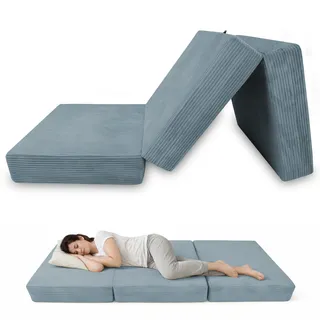 POKAR Klappmatratze 80x195x15 cm aus Cord | 3-teilige Faltmatratze als Gästebett | Faltbare Matratze für Gäste und Camping | Extra Dicke Schaumstoffmatratze | Oeko-TEX | Made in EU | Blau