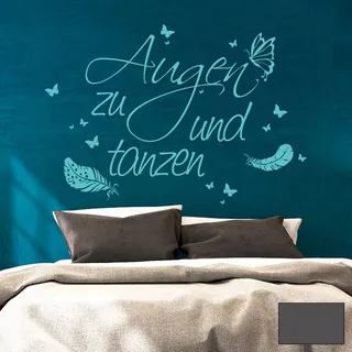 Wandtattoo Wandaufkleber Zitat Augen zu und tanzen mit Federn M1762 - ausgewählte Farbe: *Dunkelgrau* - ausgewählte Größe: *S - 60cm breit x 45cm hoch*