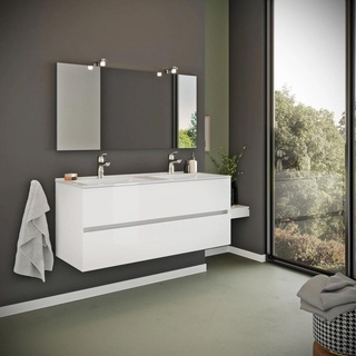 KIAMAMI VALENTINA Glänzender weißer Badezimmerschrank 120cm, Schubladen und Doppelwaschtisch | Benaco