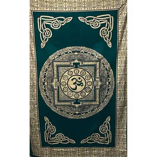 KUNST UND MAGIE Wandteppich Tagesdecke Wandbehang Dekotuch Yantra Mandala Tuch Indien 200 x135 OM goldfarben