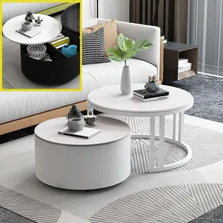 2er-Set Zusammensetzbarer Couchtisch, Moderner Runder Couchtisch Mit Stauraum, Zusammensetzbarer Beistelltisch füR Kleine RäUme, Stapelbare Beistelltische mit Glasplatte und Stabilem Metallrahmen
