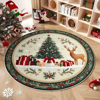Chickwin Teppich Rund Weihnachten, Elch Weihnachtsteppich Rund Weihnachtsmatte rutschfest Weich Teppich Waschbar Weihnachtsdeko für Dekoration Schlafzimmer Wohnzimmer (Rot Beere,100cm)