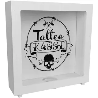 Rahmen Spardose aus Holz aus Keramik mit coolen Tattoo-Motiven in weiß - Tattookasse als Geschenk für Punks und Verrückte Freunde die Sich gerne tätowieren Lassen Aber Nicht Immer