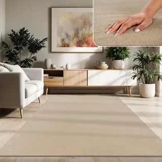 Paco Home Moderner Wohnzimmer Teppich Kurzflor waschbar Weich Einfarbig Felloptik Anti-rutsch 160x220 cm, Beige 2