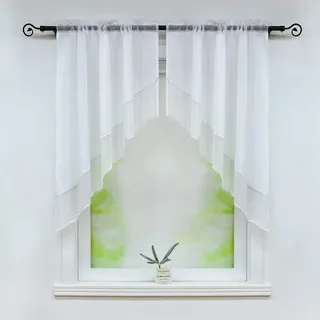 Joyswahl Scheibengardine Voile Bistrogardinen Panneaux 90x100cm Weiß | 2 Stück, Beyza Zweifarbig, 2-lagig Kurzstore mit Tunnelzug, Küchengardinen Transparent, Fenstergardinen Quaste landhaus