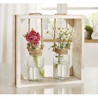 Famanu Holzvase mit 2 Glasflaschen und Rindelementen - Weiß