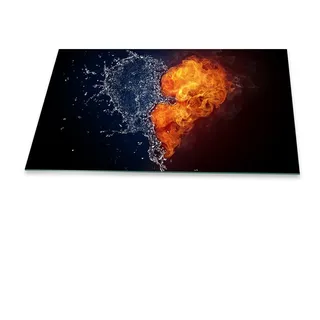 Funkenschutzplatte Glas Kaminofen Feuer Wasser Herz 90 cm Kamin Platte Bodenplatte Glasplatte für Grill Unterlegplatte Glas für Feuerstelle