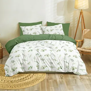 Dreamzie Bettwäsche Set 155x220 cm mit 2 Kissenbezügen 80x80 cm - Botanic-Motiv Salbeigrün - Bettwäsche 155x220 Erwachsene aus 100% Mikrofaser - Zertifiziert ohne Chemikalien (Oeko TEX)