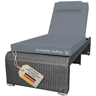 RS Trade Sonnenliege Gartenliege wetterfest aus Rattan, extra hoch & extra breit auch für Senioren – XXL bis 200kg – mit Rollen, Outdoor Liege mit Verstellbarer Rückenlehne, grau mit Grauer Auflage