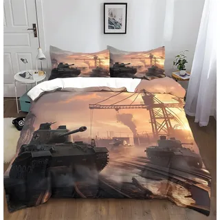 Generisch Bedding Bettwäsche-Set 3 teilig-Mikrofaser Bettbezug Set mit Auto Tiger-Panzer 1 Bettbezug 135 x 200 cm + 2 Kopfkissenbezug 80 x 80 cm, Gelb
