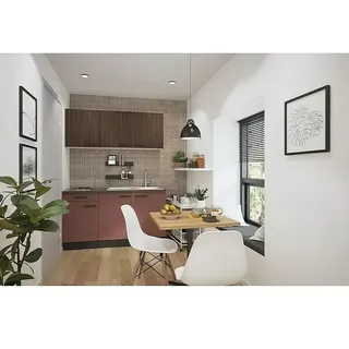 Optifit Nizza407 Singleküche Typ 2  (Breite: 150 cm, Rostrot/Rillendekor Nussbaum, Mit Elektrogeräten)