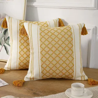Set Aus 2 Dekorativen, Gestrickten Kissenbezügen Aus Baumwolle Im Boho-stil Mit Gelben Und Weißen Quasten, Modern-klassischer Landhausstil, Jacquard-akzentkissenbezug Für Sofa Und Couch, 45 X 45 Cm