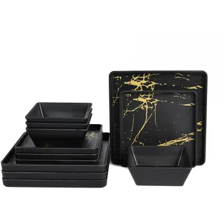 Yummost Melamin-Geschirr-Sets – 12-teiliges quadratisches Teller- und Schüssel-Set für 4 Personen, für drinnen und draußen, spülmaschinenfest, Schwarz und Gold