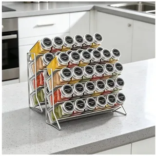 BlingBin Gewürzregal Metall Stehend Regal für Gewürze 4-Etagen, Gewürz Organizer, 2er Set 2-tlg., für Gewürzstreuer Gewürzdosen Perfekt für Aufbewahrung Im ScKüche grau|silberfarben