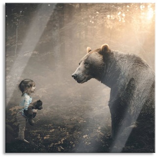 Pixxprint Glasbild Mädchen mit Teddy und Bär im Wald, Mädchen mit Teddy und Bär im Wald (1 St), Glasbild aus Echtglas, inkl. Aufhängungen und Abstandshalter bunt|schwarz 50 cm x 50 cm