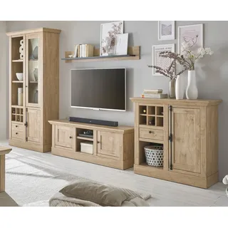 Furn.Design Wohnwand Dorset, (Schrankwand in Eiche Gold Landhaus, 4-teilig, 380 x 214 cm), mit Flaschenregal und Soft-Close-Funktion beige