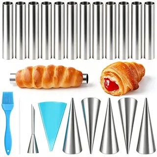 HavaCue 21 Stück Cannoli Backform Sets, Edelstahl Schaumrollenformen Klein | Cannoli Formen, Schillerlockenform mit Reinigungsbürste, Gebäckbeutel, Crememund für Cannelloni Schillerlocken