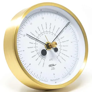 Fischer 1608W-45 Polar Weltzeituhr - Quarz-Wanduhr mit Messing-Gehäuse 133mm - Design by Mark Braun, Made in Germany