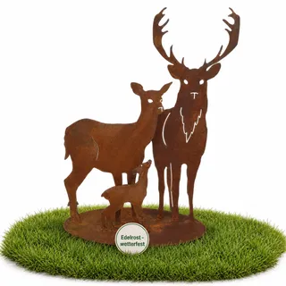 Gartendeko für draußen wetterfest Hirsch Deko Skulptur Hirschfamilie aus Metall in Edelrost, freistehend auf Basisplatte, 50 x 40 cm, rustikal für Garten, Terrasse & Eingangsbereich
