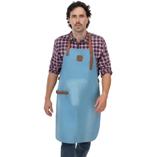 Angus Stoke Grill & Kochschürze aus Denim/Leder - Grillschürze Jeans variabel mit Leder-Riemen Koch Schürze Nick (Blau) - Einheitsgröße