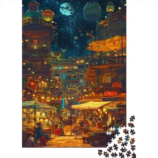 Mondbeleuchteter Marktplatz 1000 Teile Puzzle Ghibli Impossible Für Erwachsene HochwerTiger Puzzle Fantasy Schöne Geschenkidee DIY Kreative Unterhaltung Spielzeug Dekoration 1000pcs (75x50cm)